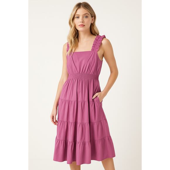 New Easel Los Angeles Tiered Midi Pink Ruffle Strap Pockets Cotton Dress S - Picture 1 of 16